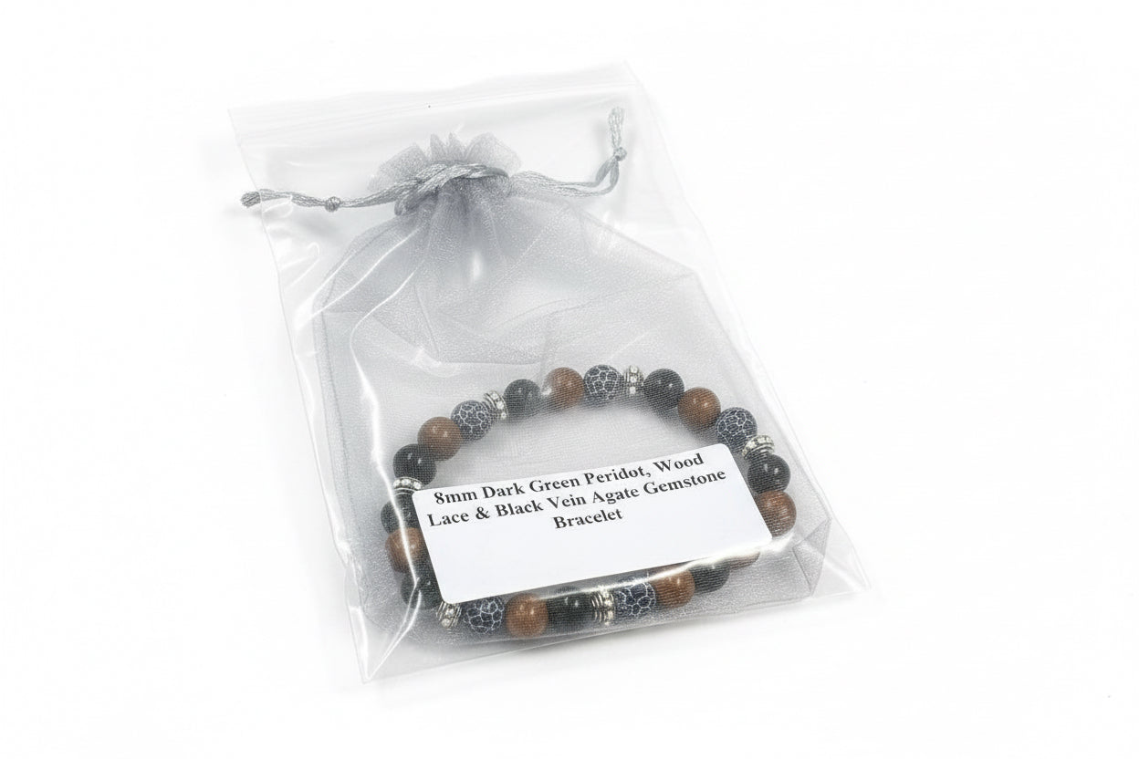 8mm Dark Green Peridot, Wood Lace & Black Vein Agate Gemstone Bracelet