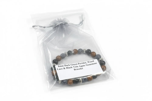 8mm Dark Green Peridot, Wood Lace & Black Vein Agate Gemstone Bracelet