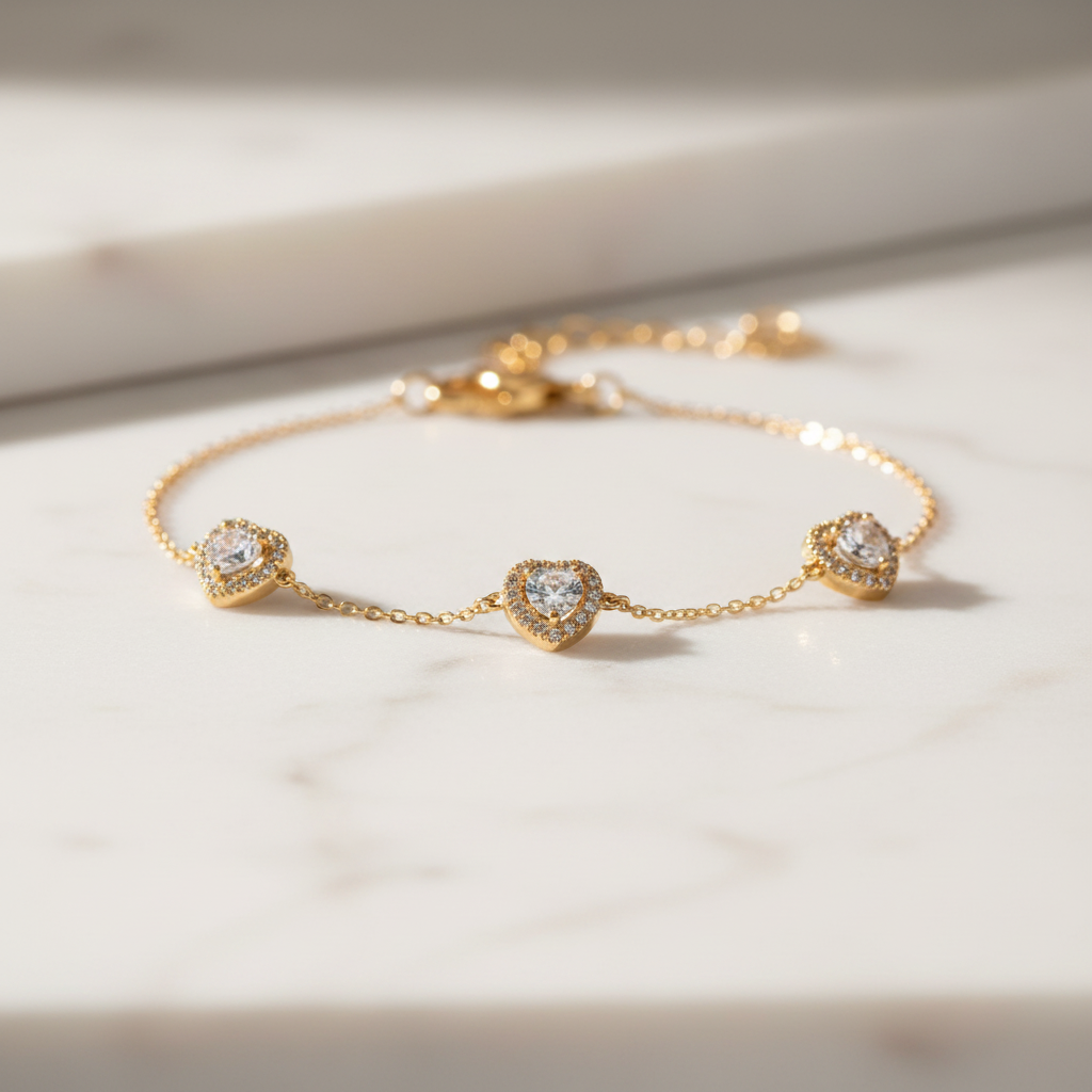 18K Yellow Gold Plated Simulated Diamond Heart Anklet