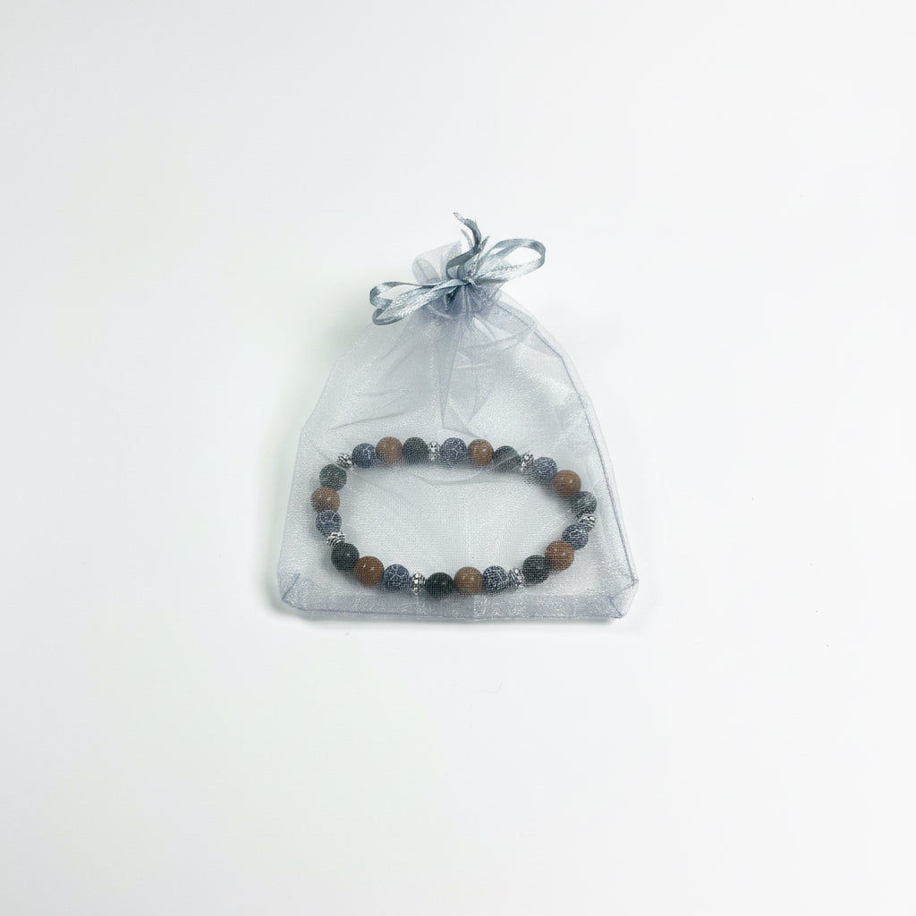 8mm Dark Green Peridot, Wood Lace & Black Vein Agate Gemstone Bracelet