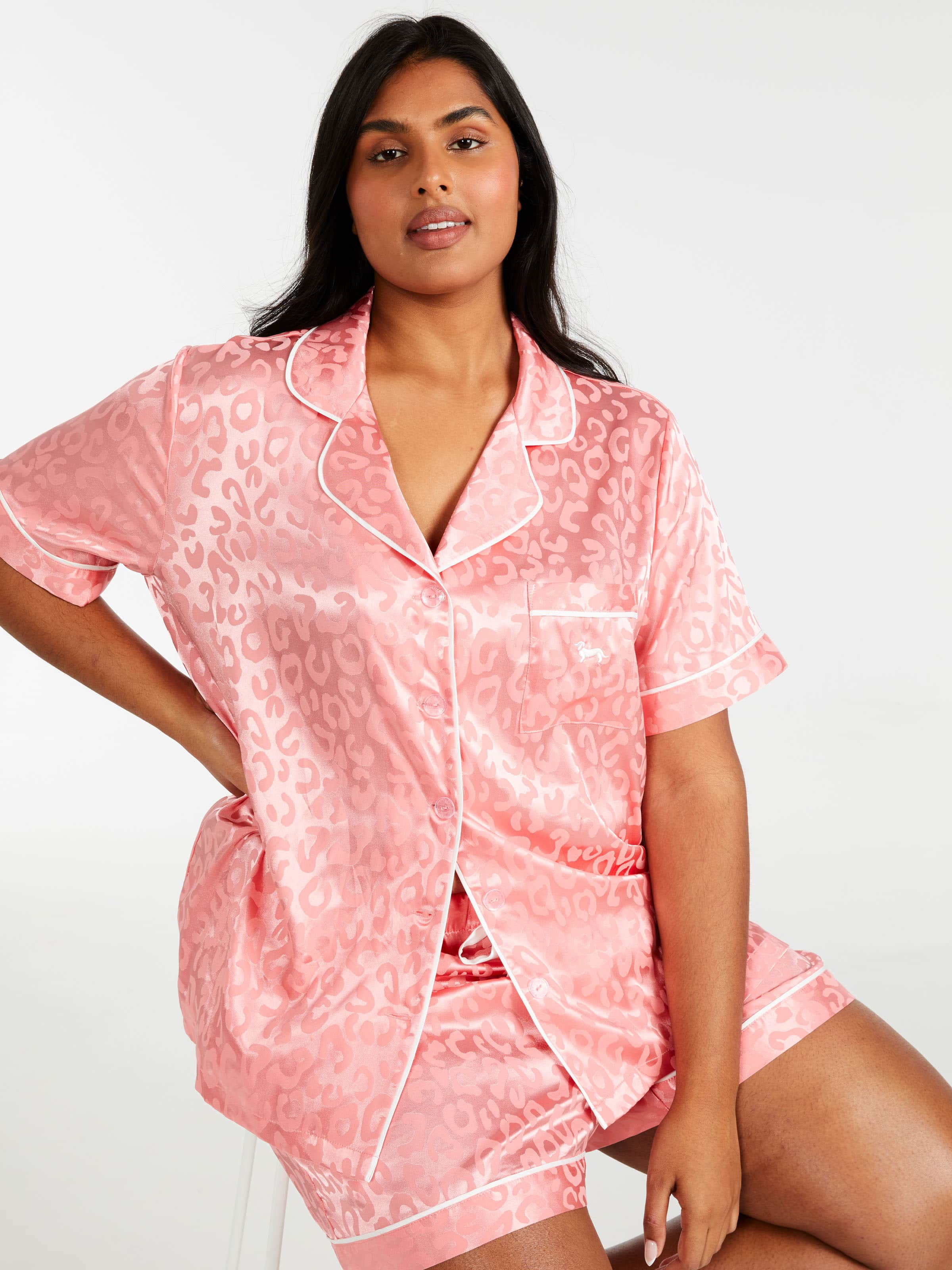 Peter Alexander - Plus Peach Leopard Chic Satin PJ Top (L)