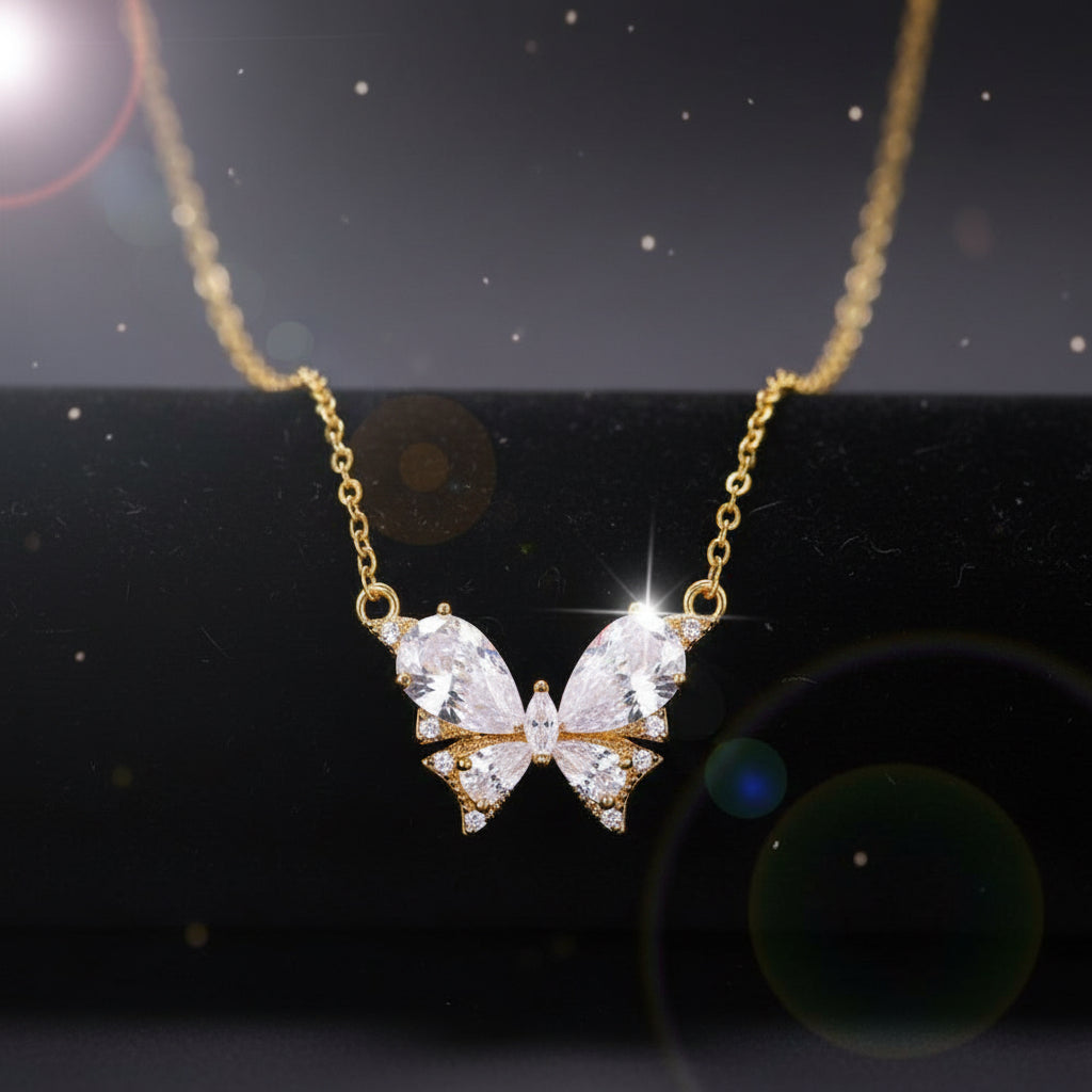 18K Yellow Gold Plated Simulated Diamond Butterfly Necklace