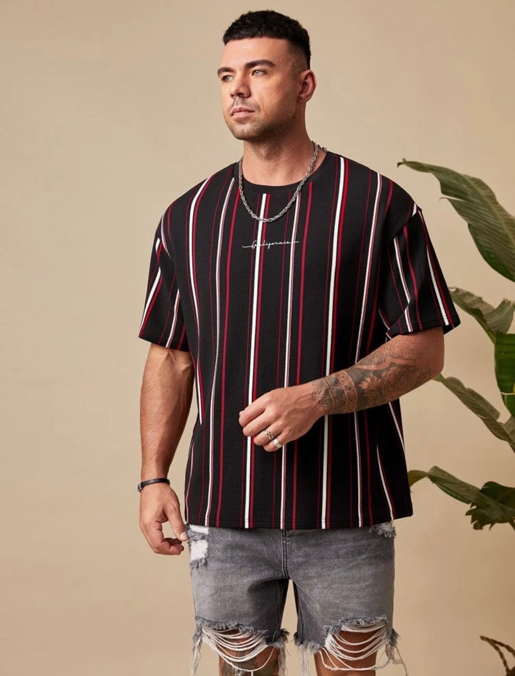 Manfinity - VCAY Plus Block Striped & Letter Graphic Tee (3XL)
