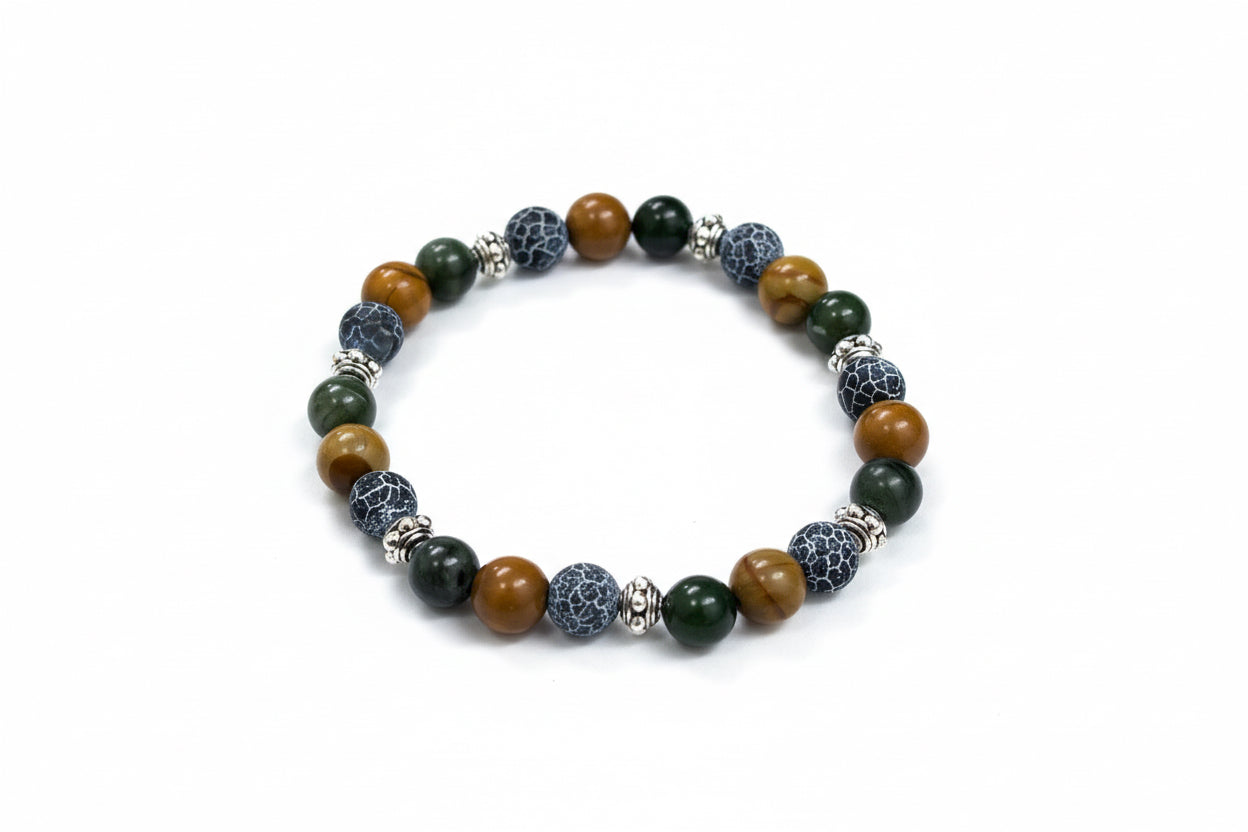 8mm Dark Green Peridot, Wood Lace & Black Vein Agate Gemstone Bracelet