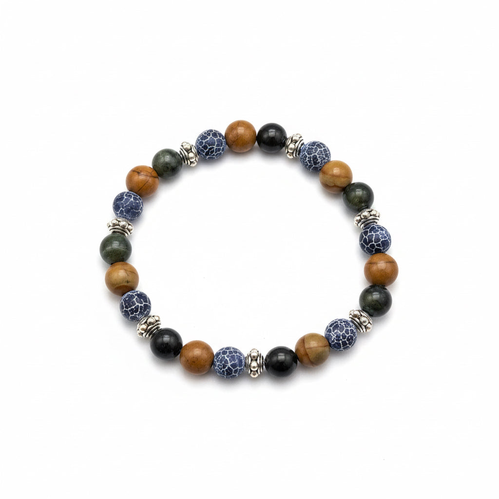 8mm Dark Green Peridot, Wood Lace & Black Vein Agate Gemstone Bracelet