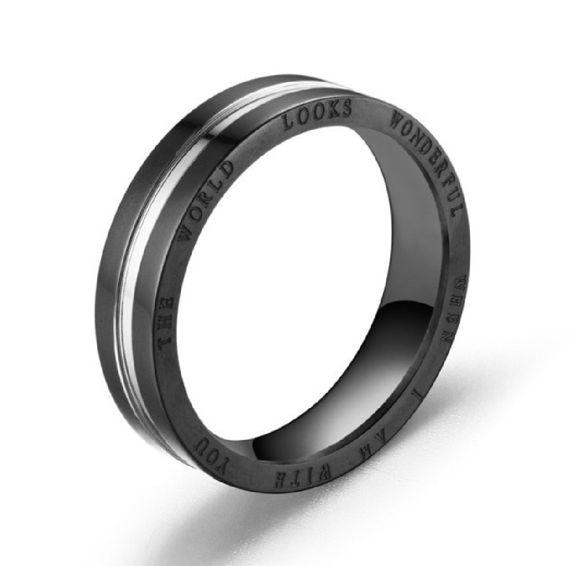Black with Silver Ridge Ring Band